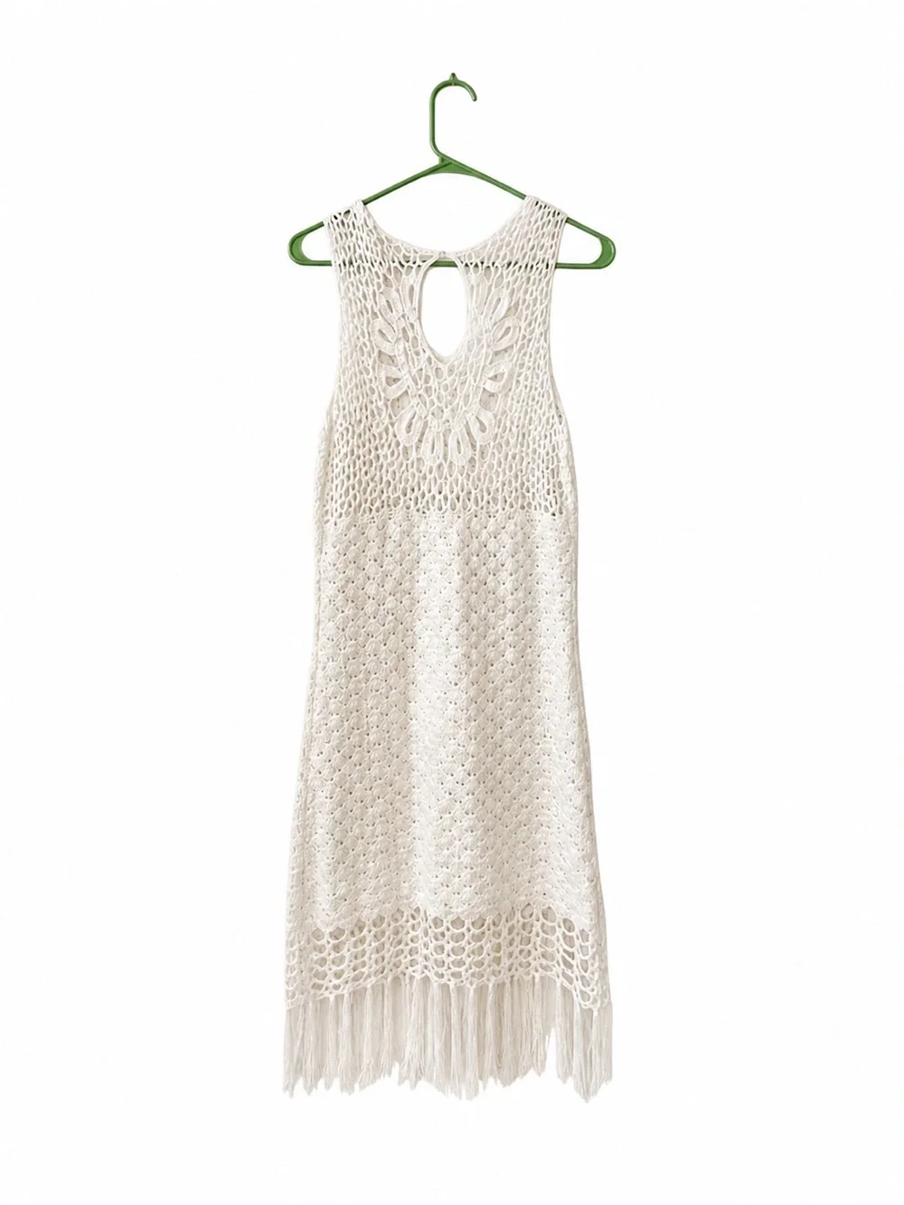 Boho Cream Crochet Midi Dress | Keyhole Back Lace Fringe Hem | Free People Style - Picture 3 of 3